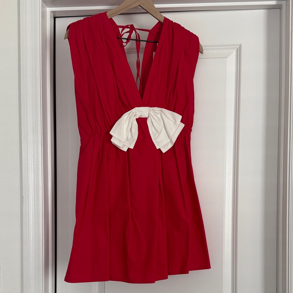 Red V-Neck romper with White Bow